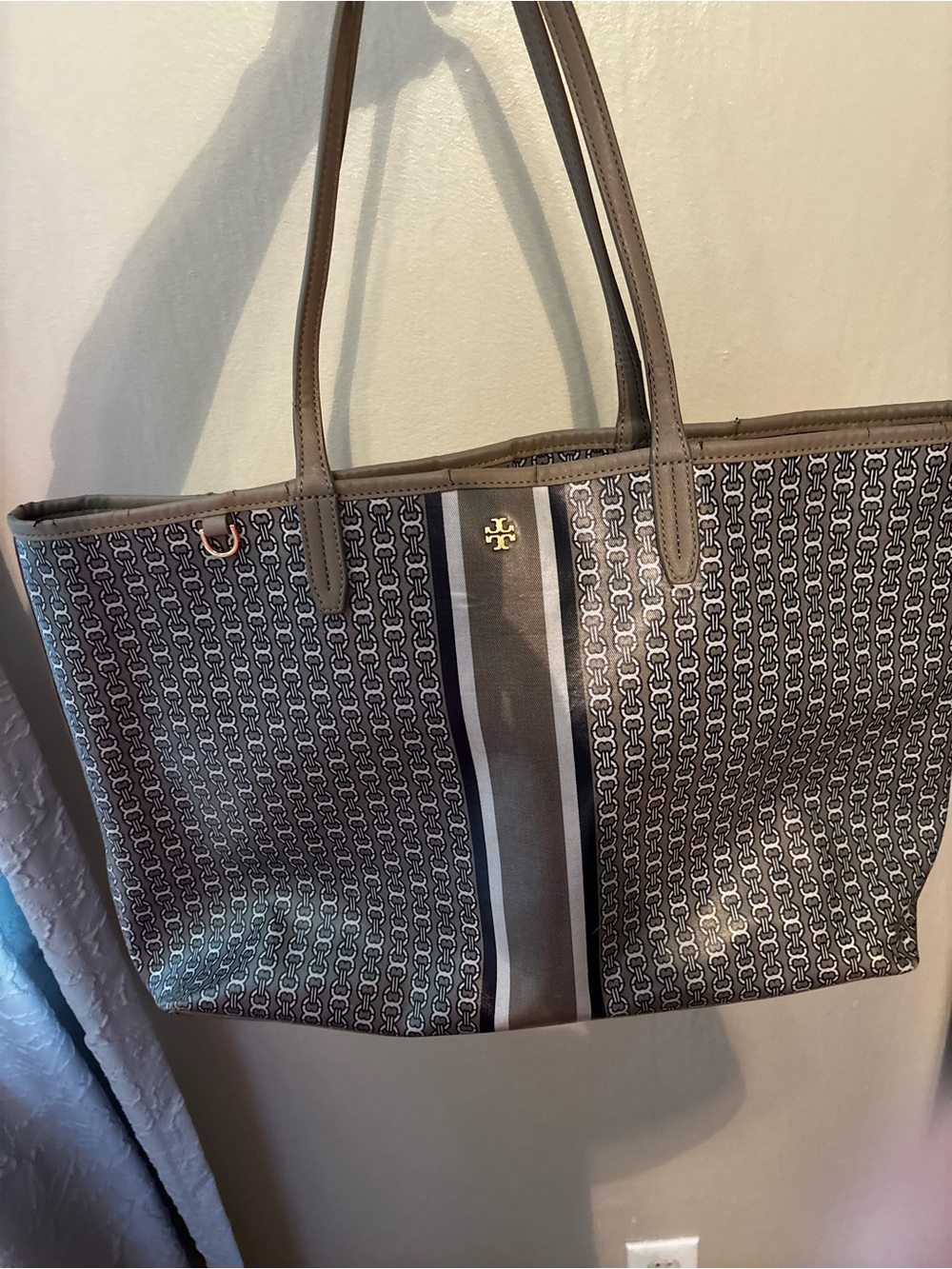 Tory Burch Taupe Monogram Canvas Tote with Stripe